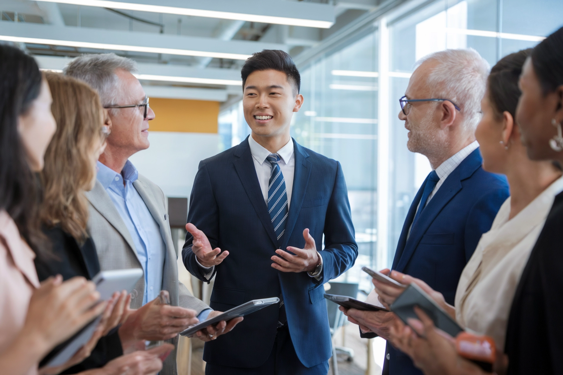 Copyright APPECODE - Man Talking To Six Standing Clients